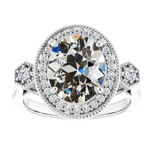 Bague de mariage Halo ronde et ovale Vieux mineur Naturel diamant 7.50 carats