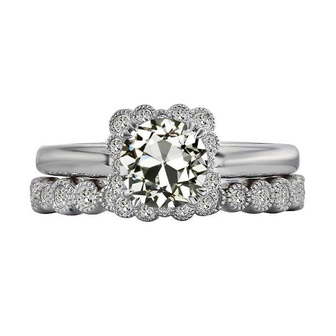 Bague de mariage Halo sertie de Véritable diamants ronds taille ancienne mine 4 carats millegrain