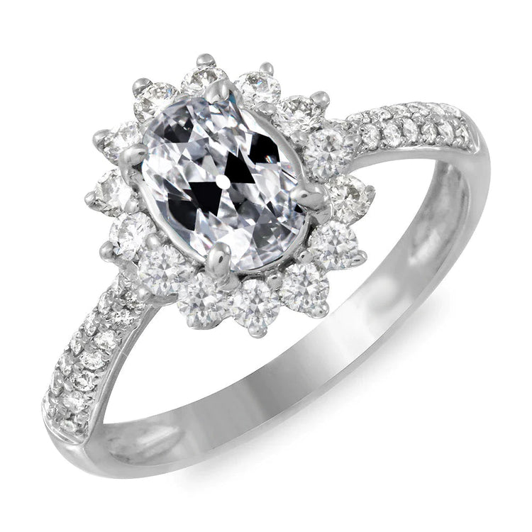 Bague de mariage Réel diamant ovale taille ancienne Halo Style fleur or 9 carats