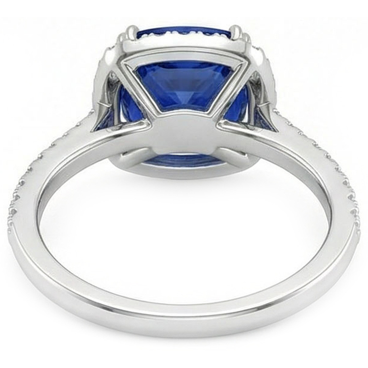 Bague de mariage avec halo de diamants et saphirs taille coussin bleus en or 3.5 ct 14 carats