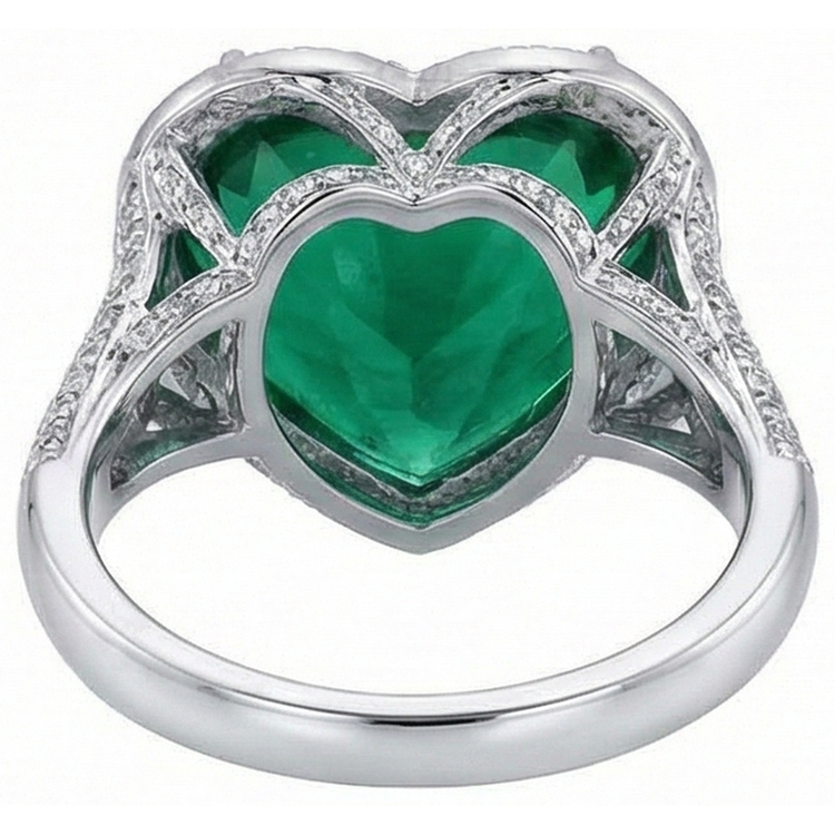 Bague de mariage émeraude Vert et diamants taille coeur 9 carats en or blanc 14K