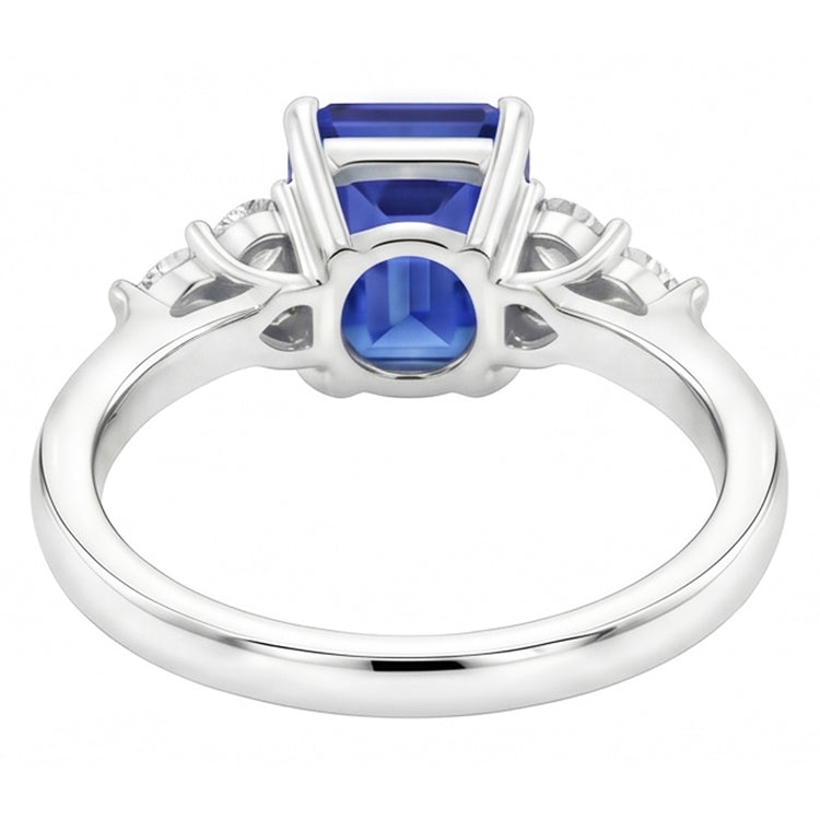 Bague de mariage en saphir bleu de Ceylan taille émeraude de 4 carats et diamants ronds