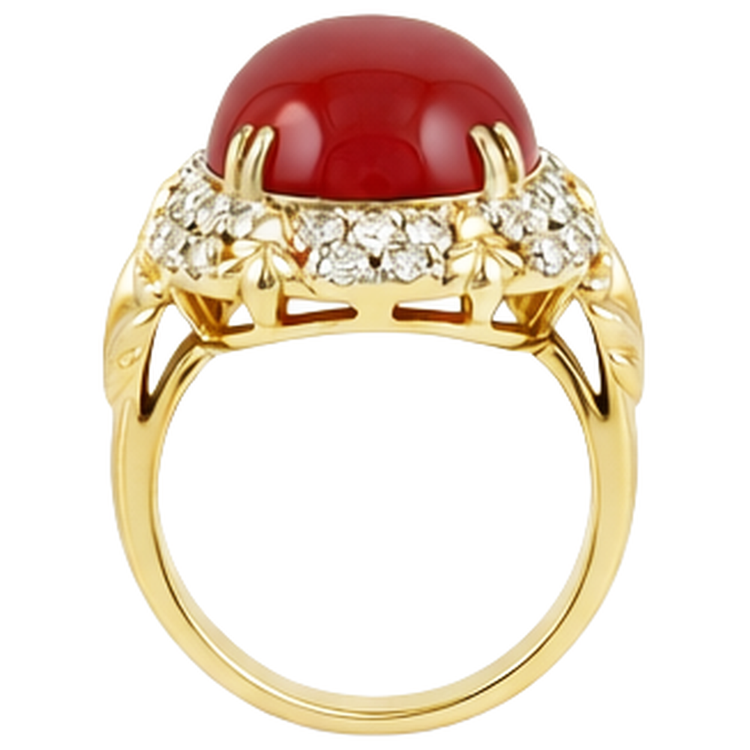 Bague de mariage ovale en corail rouge avec diamants 11.20 ct en or jaune 14 carats