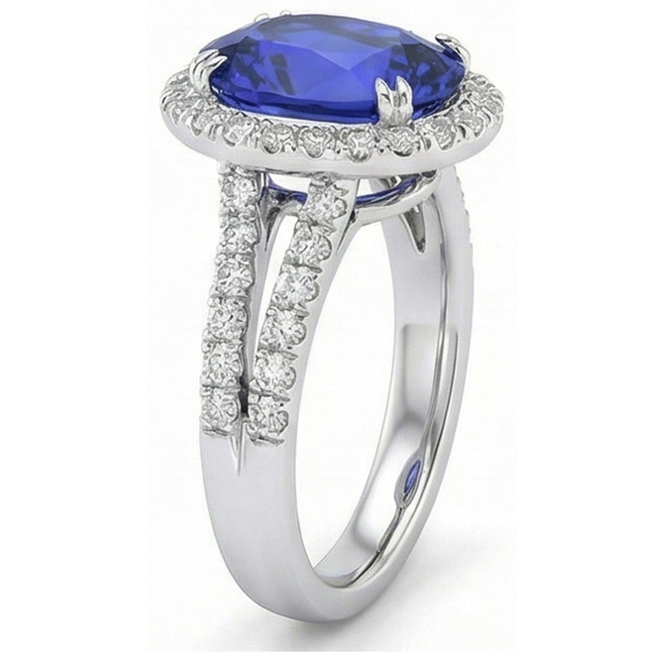 Bague de mariage ovale saphir halo sertie pavage tige fendue or 5 carats