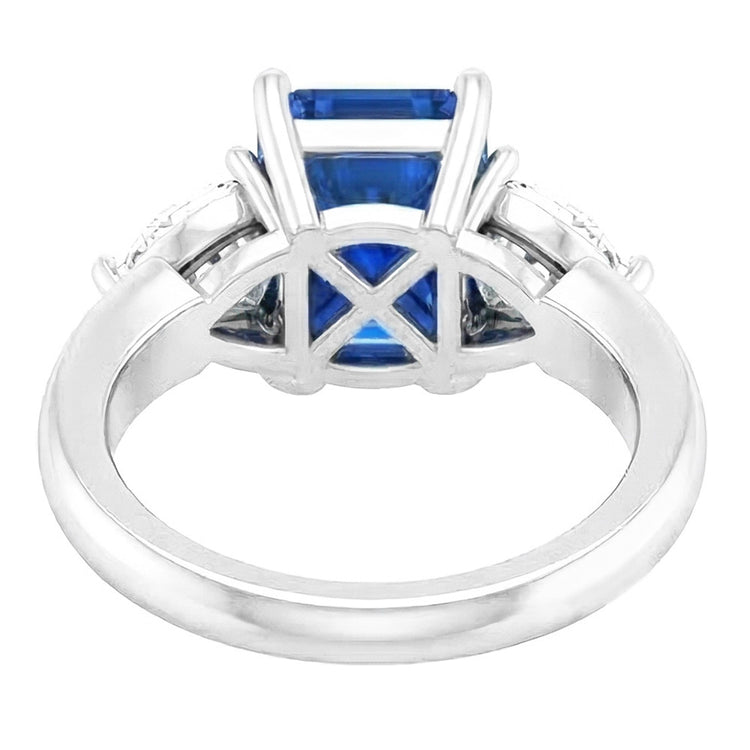 Bague diamant poire saphir bleu éclatant 3 carats tige fendue en V 3 pierres