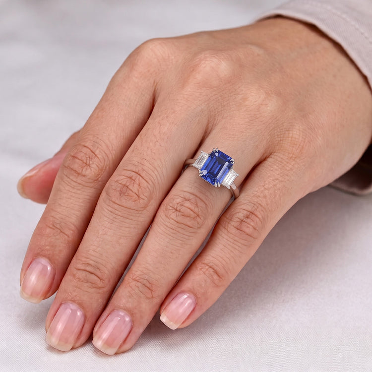 Bague émeraude Trois Pierres Saphir Bleu 3.50 Carats Bijoux Femme