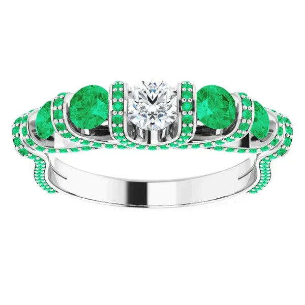 Bague émeraude avec diamants ronds de style unique 3.90 carats
