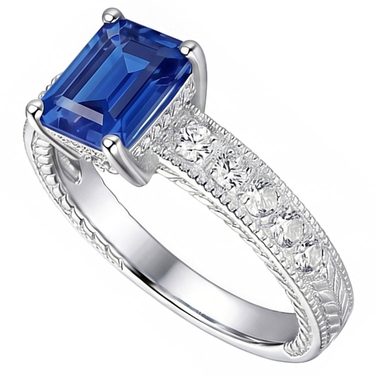 Bague en diamant de style antique sertie de panier saphir bleu 1.75 carats