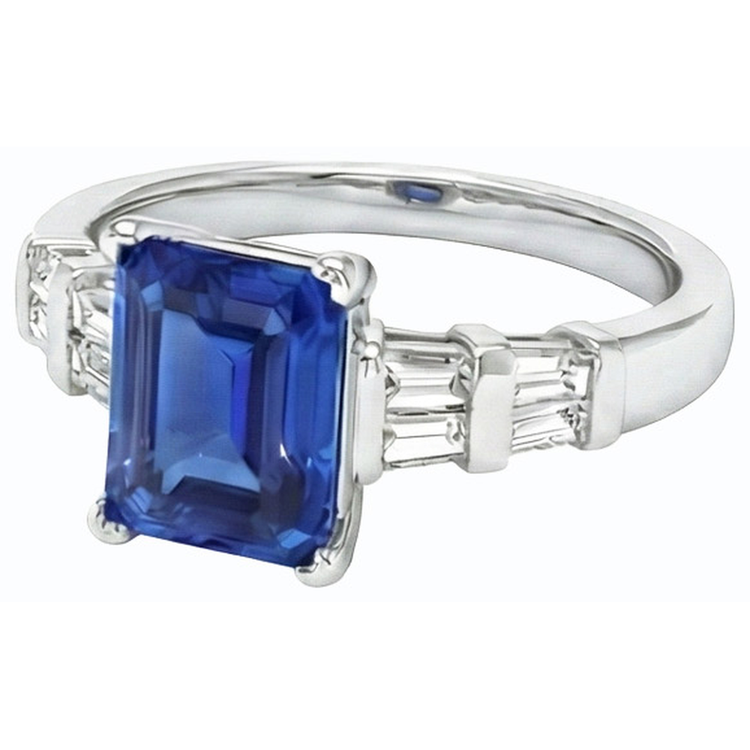 Bague en or 3 carats et saphir de Ceylan émeraude avec diamants baguette