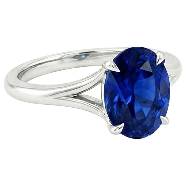 Bague en or avec saphir bleu solitaire sertie de griffes tige fendue ovale 3 carats