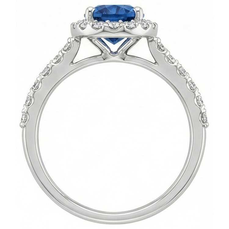 Bague en or blanc 14K avec halo de saphir bleu de Ceylan ovale 2.15 ct.