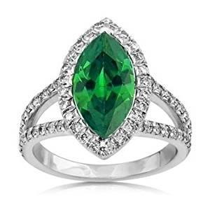 Bague en pierres précieuses émeraude Vert marquise 14K et diamants ronds 3.35 ct.