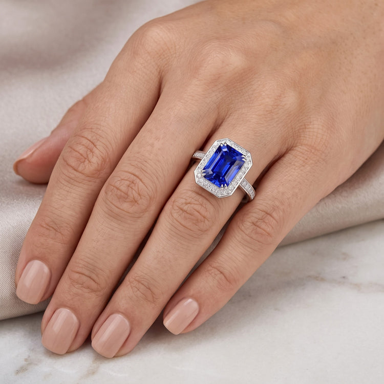 Bague en saphir bleu émeraude avec halo de pierres précieuses sertie de diamants 5 carats