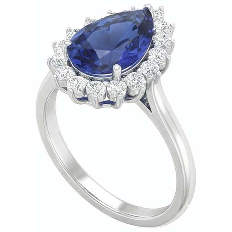 Bague en saphir bleu en forme de poire avec halo de diamants 4.50 carats