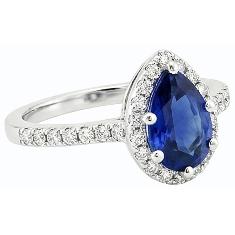 Bague en saphir bleu taille poire et halo de diamants 3.50 carats Bijoux femme
