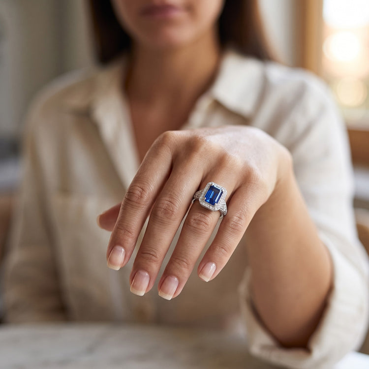 Bague en saphir de Ceylan émeraude de mariage de diamants en or à tige fendue 3 carats