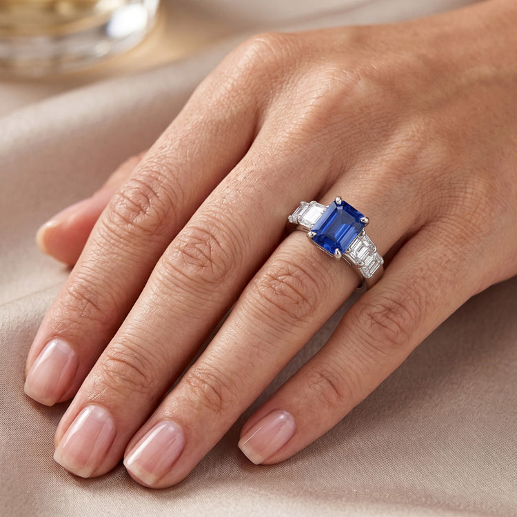 Bague pour femme avec pierres précieuses émeraude et accents saphir de Ceylan de 2.50 carats