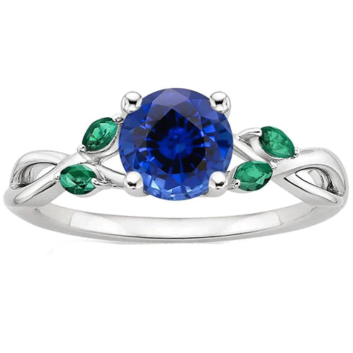 Bague pour femme avec saphir bleu naturel et émeraudes 3 carats