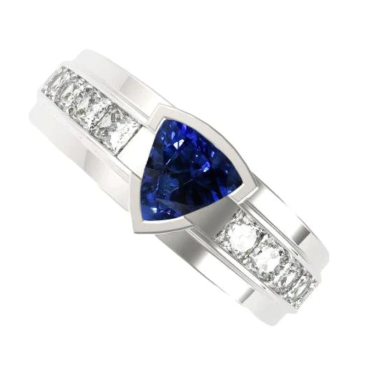 Bague pour homme sertie de diamants trillion demi-lunette saphir bleu 1,50 ct
