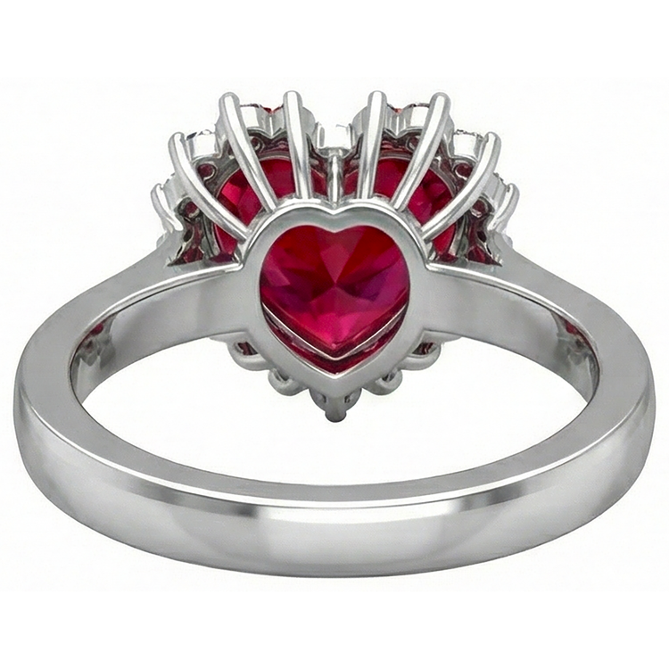 Bague rubis rouge taille coeur et diamant 7.50 carats bijoux or blanc 14k