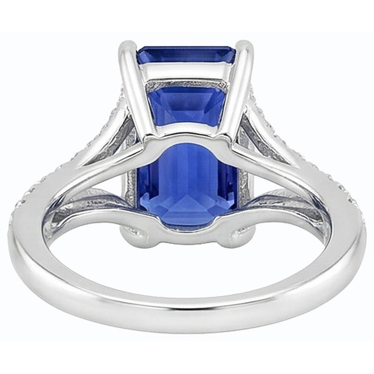 Bague saphir bleu émeraude avec pierres précieuses 4.50 carats tige fendue en or blanc