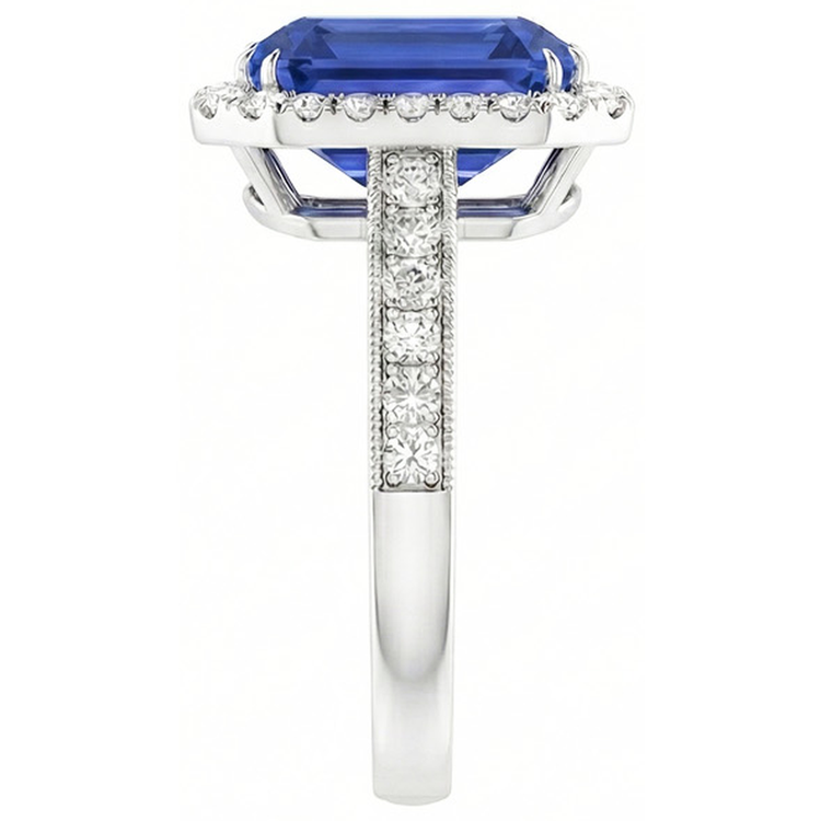 Bague saphir bleu émeraude halo de diamants 4 carats sertie de griffes Milgrain