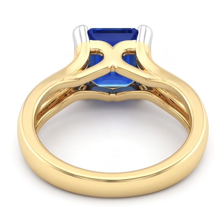 Bague saphir bleu émeraude solitaire à deux tons. tige fendue de 2.50 carats