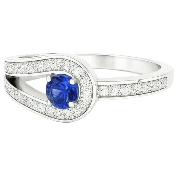 Bague saphir bleu rond avec accents style tige fendue 1.50 carats