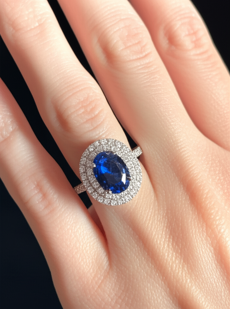 Bague saphir de Ceylan ovale de 3.40 ct avec diamants ronds en or blanc