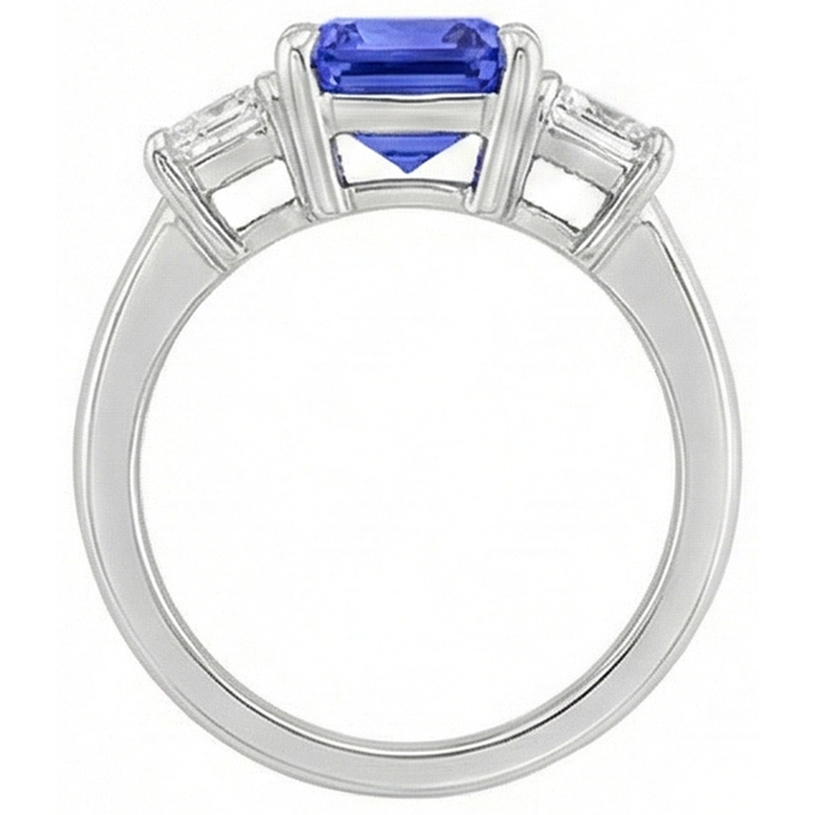 Bague trois pierres diamant émeraude et saphir de Ceylan sertie de griffes 3 carats