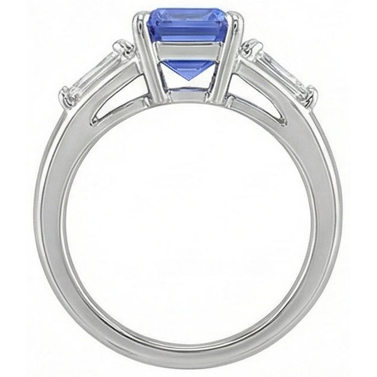 Bague trois pierres saphir bleu émeraude et diamants 3.50 carats