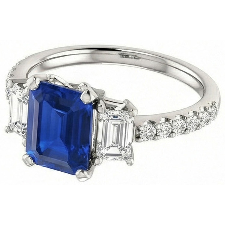 Bague trois pierres saphir émeraude avec diamants accentués 3.50 carats