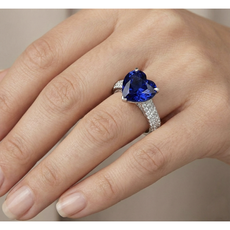 Bague Coeur Diamant Saphir Bleu 5 Carats Bijoux Or Blanc