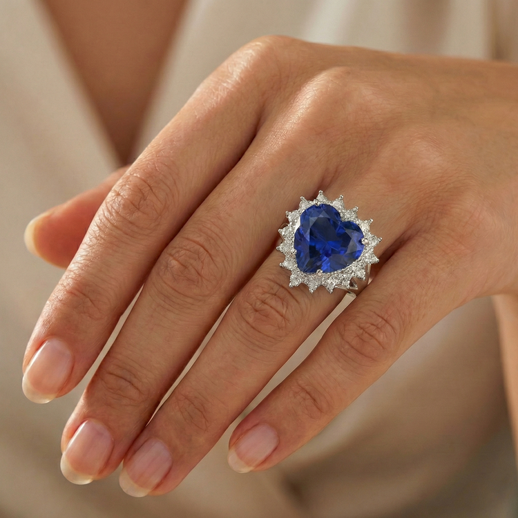 Bague Coeur Sri Lanka Saphir Bleu Et Diamants Naturels Extraits des Mines ( et non cultivés en laboratoire ) 7.61 Ct