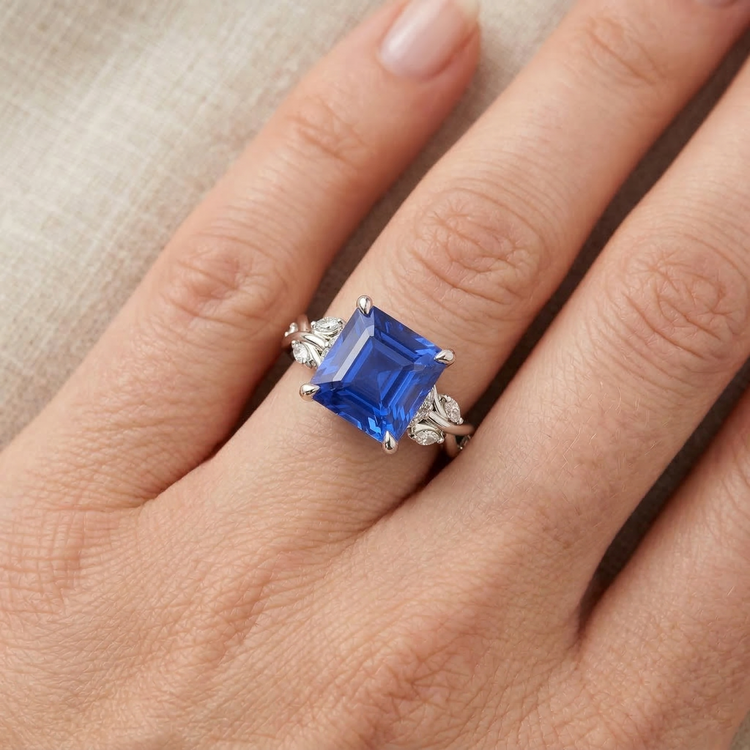 Bague Diamant Naturels Extraits des Mines ( et non cultivés en laboratoire ) Saphir Bleu Taille Princesse 6.75 Carats Bijoux Fantaisie