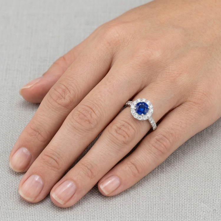 Bague Diamant Naturels Extraits des Mines ( et non cultivés en laboratoire ) Saphir Ceylan Bleu Rond 2 Carats Or Blanc 14K