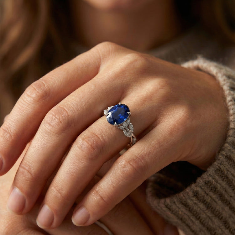 Bague Diamant Pierre Gemme Style Feuille Taille Ovale Saphir Bleu 5 Carats