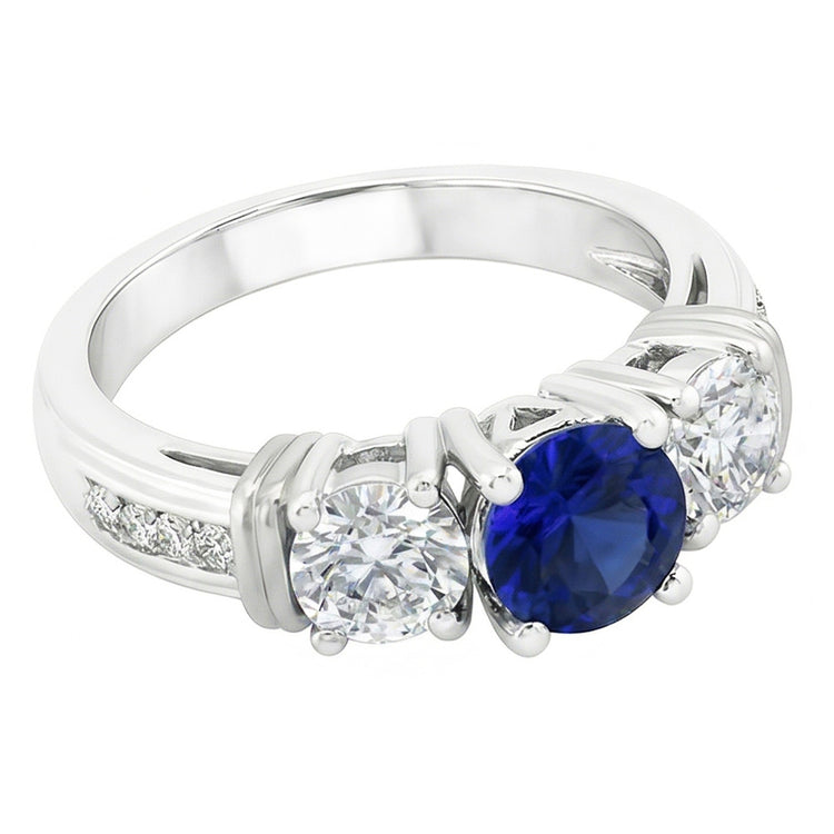 Bague Diamant Rond Saphir Bleu Serti Clos Or Blanc 3 Carats 14K