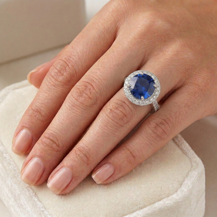 Bague Diamants Naturels Extraits des Mines ( et non cultivés en laboratoire ) Saphir Sri Lankais Ronds 5.76 Carats Or Blanc 14K