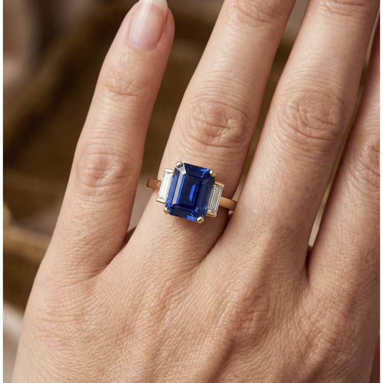 Bague Gemme Emeraude Or Jaune Diamants Baguette 5 Carats 3 Pierres