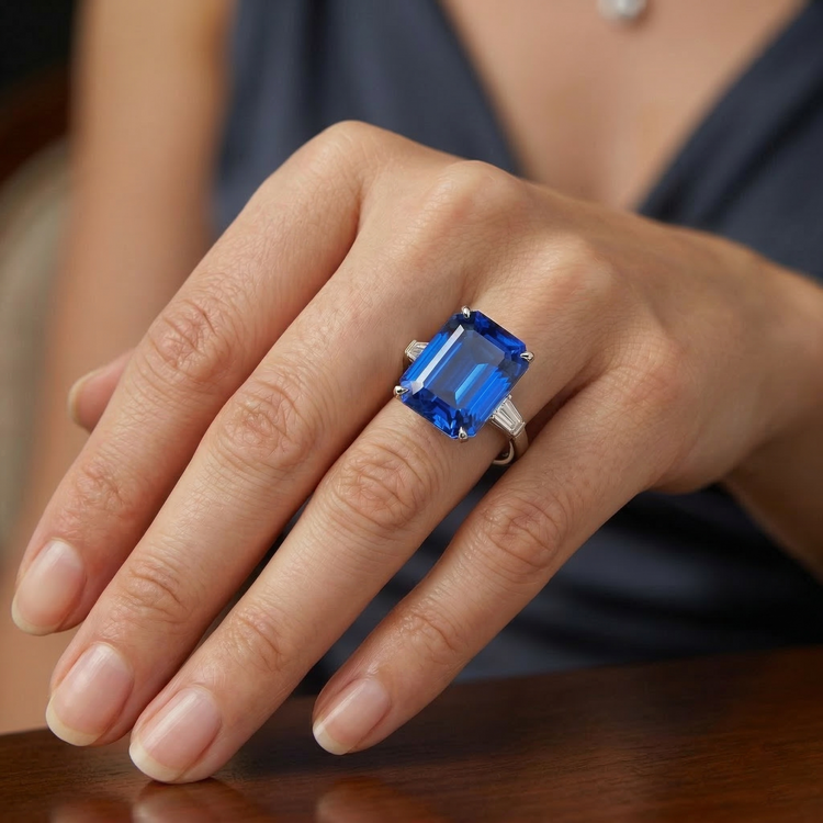Bague Griffe d'Aigle Diamant Saphir Bleu Radiant 7 Ct Ou 14K