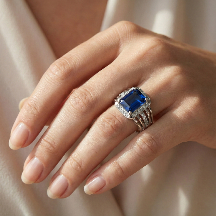 Bague Homme Diamant Naturels Extraits des Mines ( et non cultivés en laboratoire ) Taille Émeraude Saphir Bleu Avec Accents 3.50 Carats