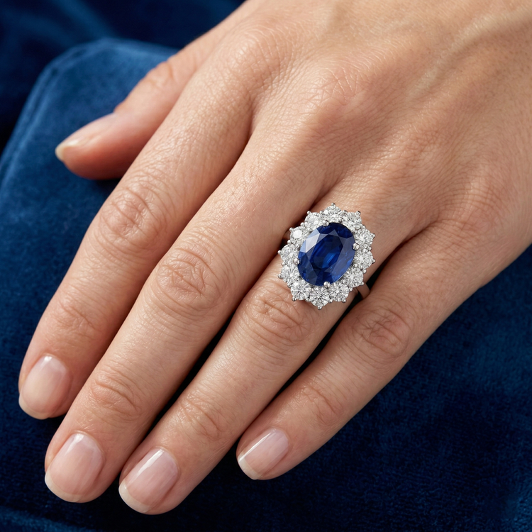 Bague Ronde Et Ovale Avec Saphir De Ceylan 6 Carats Or Blanc 14K