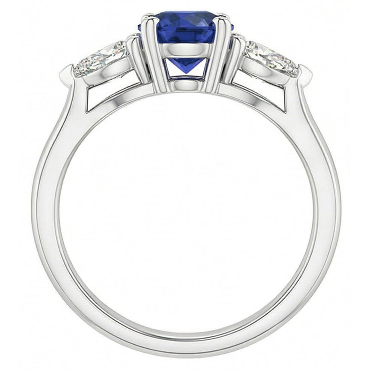 Bague Saphir Bleu Naturel Rond Trois Pierres Diamant Poire 1.50 Carats