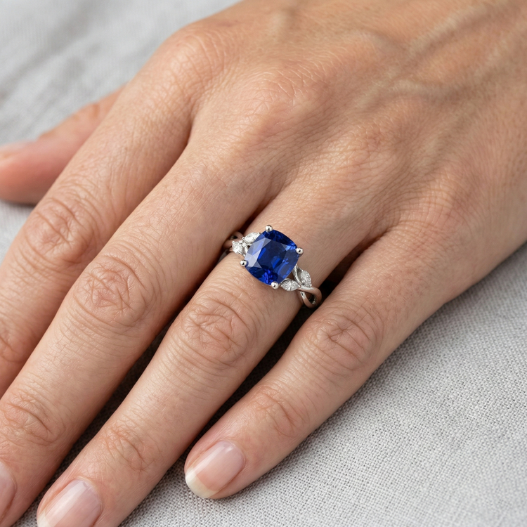 Bague Saphir Ceylan 2.10 Carats Et Diamants Naturels Extraits des Mines ( et non cultivés en laboratoire ) Or Blanc 14K