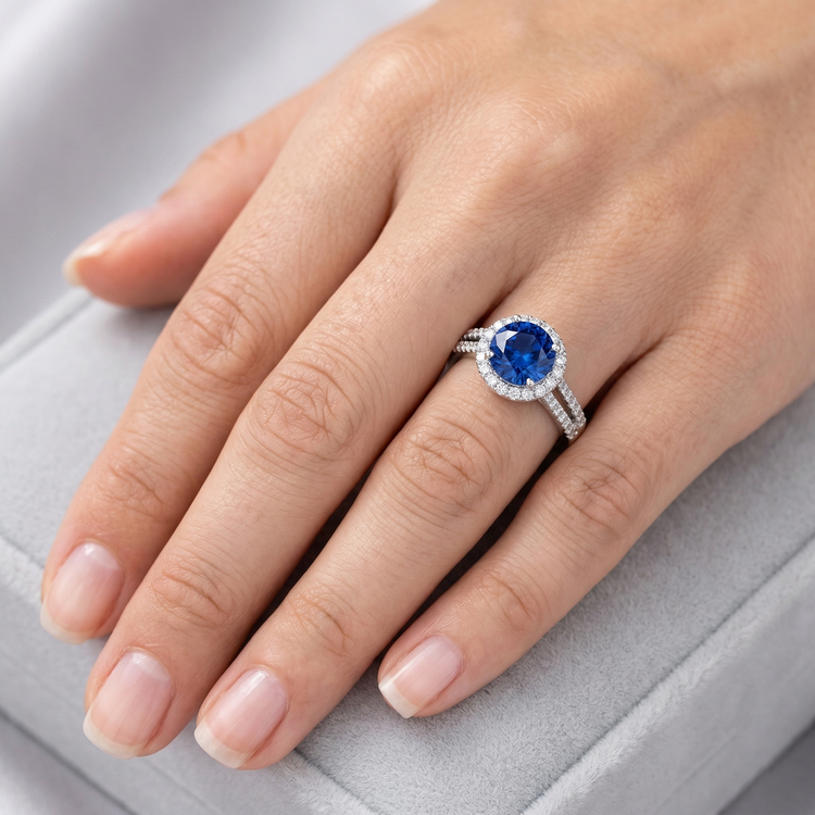 Bague Saphir Ceylan Rond 5 Ct Avec Diamants Naturels Extraits des Mines ( et non cultivés en laboratoire ) Or Blanc 14K