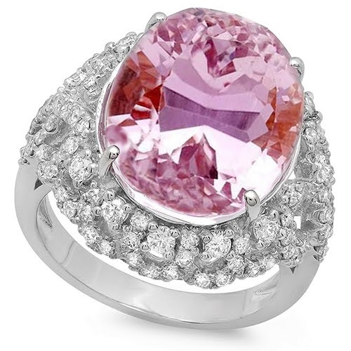 Bague Sertie De Griffes 36.75 Ct Kunzite Rose Avec Diamants Or Blanc 14K