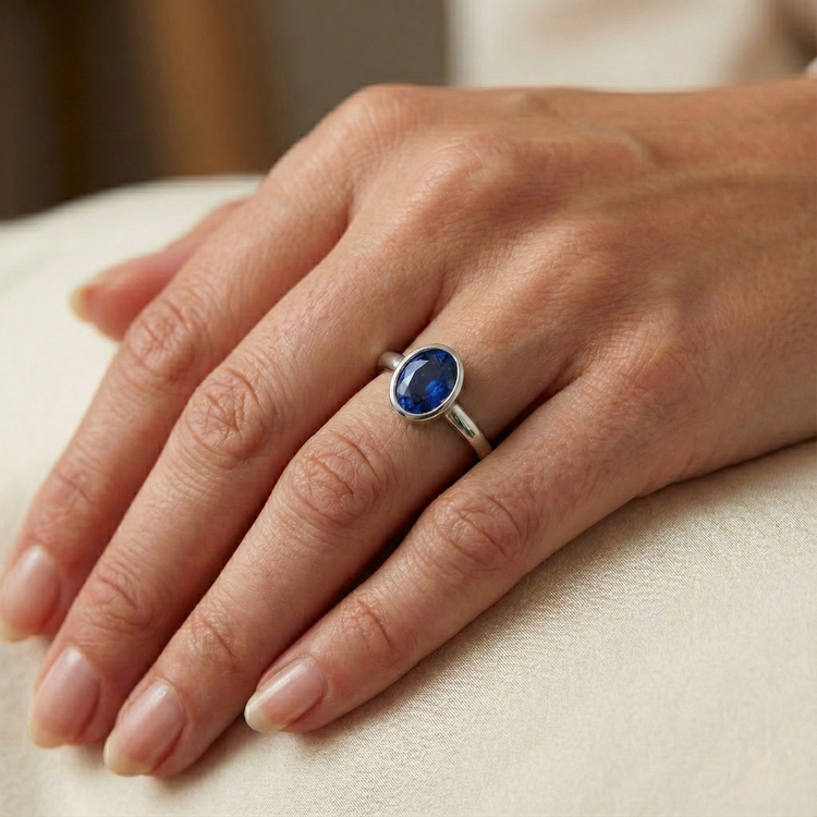 Bague Solitaire Saphir Ovale Ensemble Lunette 2 Carats Bijoux Dames