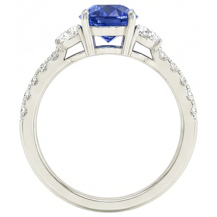 Bague Style 3 Pierres Saphir Bleu Ovale 6.75 Carats Or Blanc Véritable