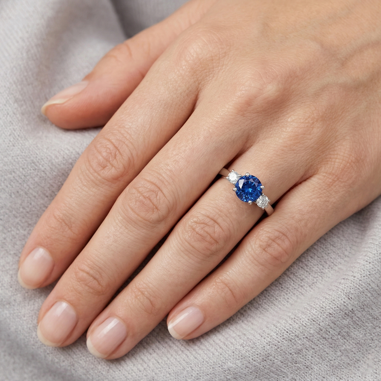 Bague Trois Pierres Saphir Bleu Et Diamants Naturels Extraits des Mines ( et non cultivés en laboratoire ) 2.70 Ct Or 14K